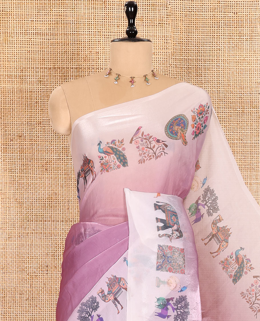 Onion Pink Plain Fendy Chiffon Saree Featuring a Contrast Flora-Fauna Motifs Digital-Printed Border, with the Pallu Mirroring the Same Flora-Fauna Motifs Print, Paired with a Contrast Blouse in Matching Flora-Fauna Motifs Print