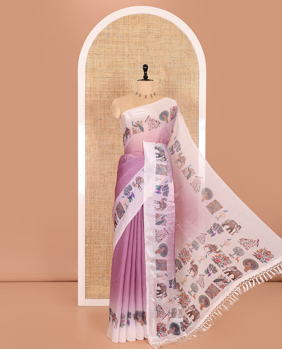 Onion Pink Plain Fendy Chiffon Saree Featuring a Contrast Flora-Fauna Motifs Digital-Printed Border, with the Pallu Mirroring the Same Flora-Fauna Motifs Print, Paired with a Contrast Blouse in Matching Flora-Fauna Motifs Print