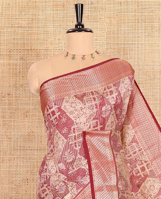 Maroon Semi-Tussar Saree Meticulously Crafted with Floral-Enclosed Diamond Patterns Printed Across the Body, Featuring a Subtly Woven Border with Traditional Zari Designs, and a Pallu Elevated with Zari Stripes, Paired with a Matching Blouse
