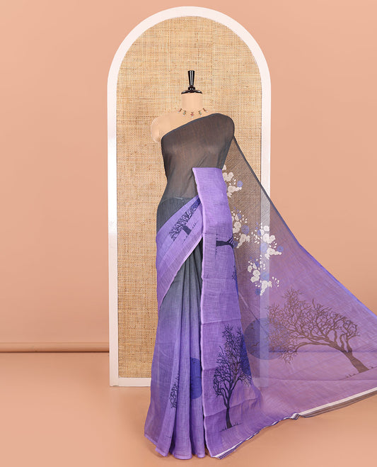 Borderless Lavender Linen Cotton Saree Beautified with Nature-Theme Print Featuring the Sun, Trees, and Birds All Over the Saree, Paired with a Striped Blouse