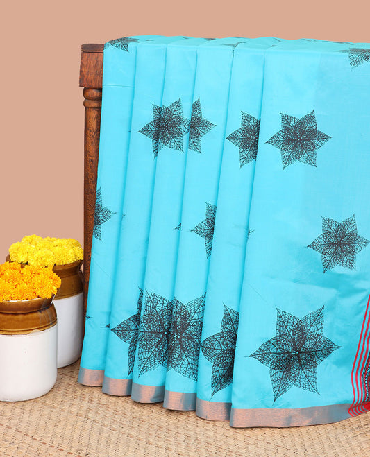 Sky blue screen print micro silk saree with saree with copper zari border & screen print pallu along with plain blouse