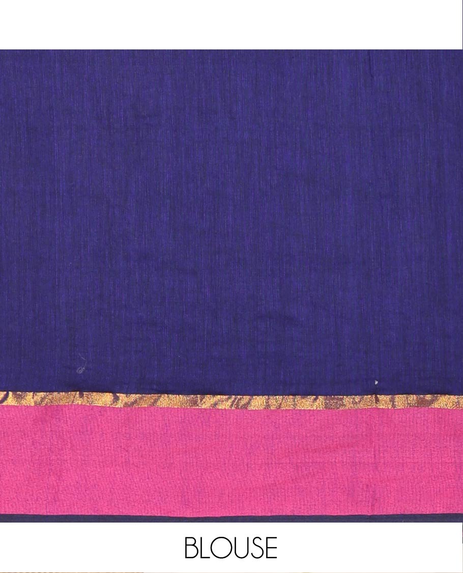 Navy Blue Khadi Mul Cotton Saree Prettified with Heart Motifs Embroidery All Over Its Body, Complemented by a Contrast Plain Border, Pallu Steeped with Heart Motifs Embroidery, and Paired with a Matching Blouse