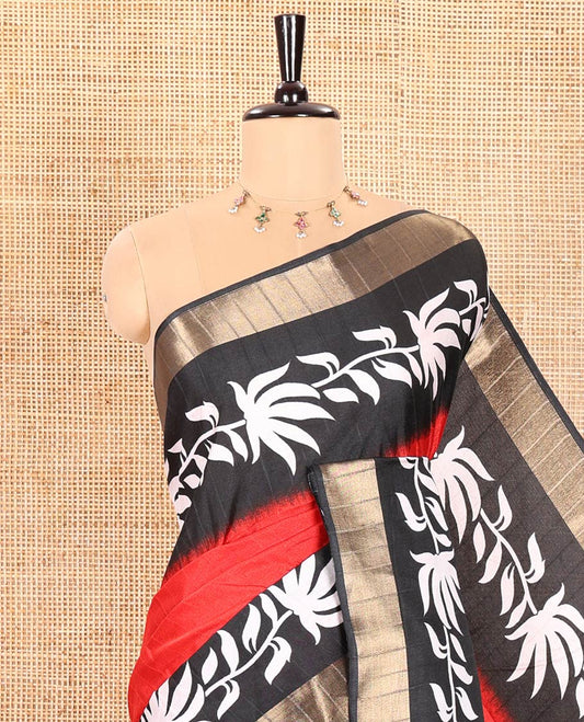 Red Plain Dola Silk Saree Ornamented with Contrast Border of Leaf Vines Print and Zari Work, Pallu of Floral and Geometric Print, and Paired with a Contrast Blouse