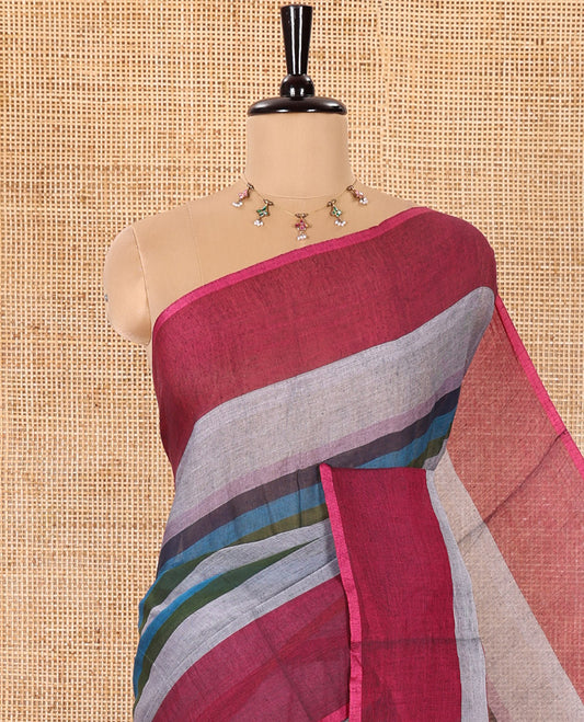 Borderless Grey Khadi Mul Cotton Saree Adorned with Multi-Color Rainbow Stripes All Over Its Saree, Paired with a Matching Blouse