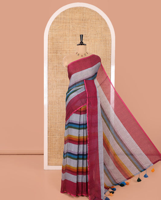 Borderless Grey Khadi Mul Cotton Saree Adorned with Multi-Color Rainbow Stripes All Over Its Saree, Paired with a Matching Blouse