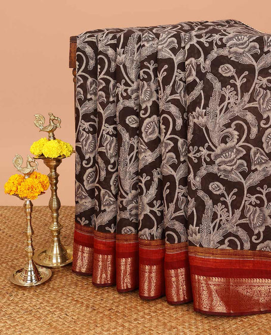 Blue floral print chanderi cotton saree with contrast mango style border & chit printed pallu along with plain zari border blouse
