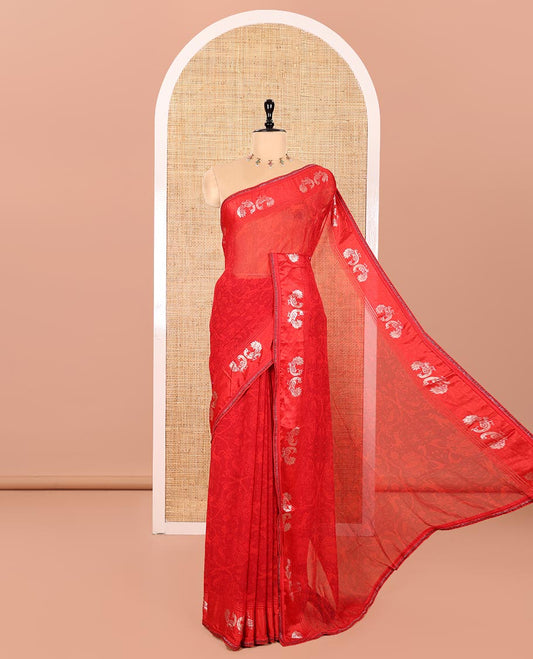 Red Georgette Saree, Accentuated with Intricate Printed All Over Its Body, a Subtle Border of Peacock Designs, a Printed Pallu, and Paired with a Matching Blouse