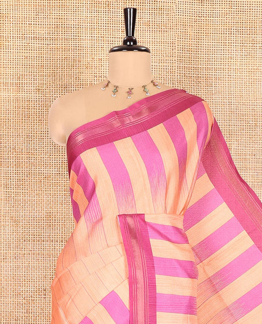 Orange Manipuri Silk Saree, Subtly Woven with Vertical Stripes All Over Its Body, Complemented by Contrast Zari Border, Sparsely Striped Pallu, and Paired with a Contrast Blouse