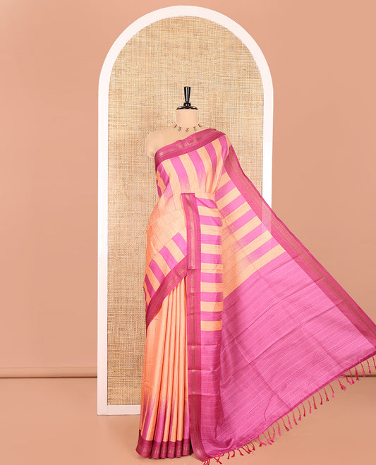 Orange Manipuri Silk Saree, Subtly Woven with Vertical Stripes All Over Its Body, Complemented by Contrast Zari Border, Sparsely Striped Pallu, and Paired with a Contrast Blouse