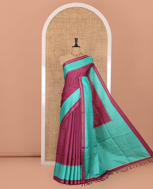 Purple Katan Silk Saree, Subtly Sparkled with Checks All Over Its Body, Complemented by a Contrast Temple Border, Sparsely Striped Pallu, and Paired with a Contrast Blouse