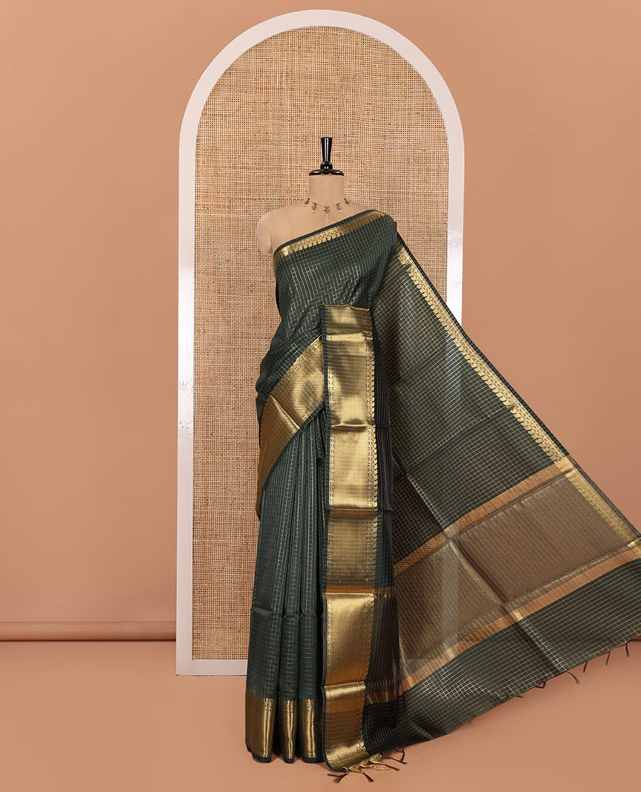 Green Semi-Katan Silk Saree, Ornamented with Golden Zari Checks on Its Body, Highlighted by a Traditional Zari Border of Paisley and Rudraksham Designs, Gleaming Pallu, and Paired with a Matching Blouse