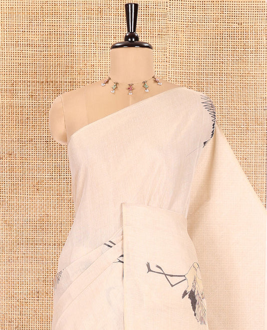Borderless Gold Tissue Saree, Enthralled with Crane Motifs on Its Body, Self-Pallu Features the Same Crane Motifs Print, and Paired with a Matching Crane Motifs Printed Blouse