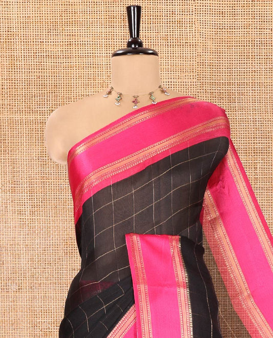 Black Moss Chiffon Saree, Highlighted by Checked Design on Its Body, Complemented by a Contrast Rettai Pettu Traditional Zari Border, Striped Pallu, and Paired with a Contrast Blouse