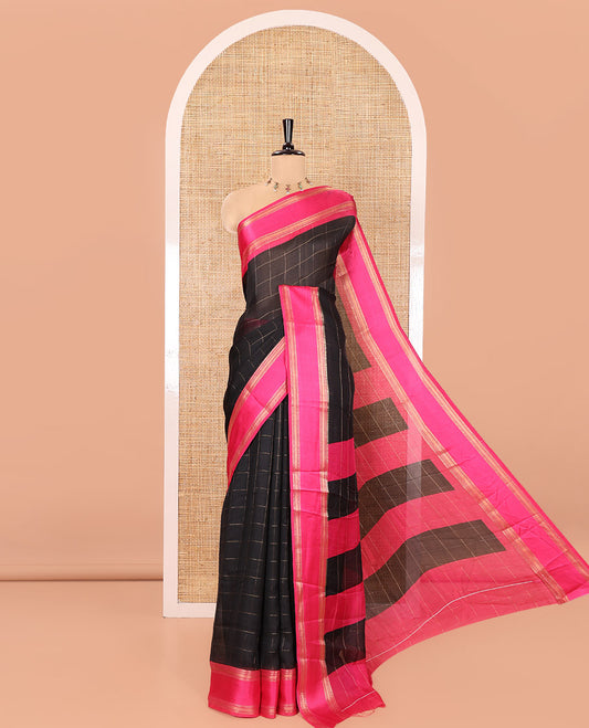 Black Moss Chiffon Saree, Highlighted by Checked Design on Its Body, Complemented by a Contrast Rettai Pettu Traditional Zari Border, Striped Pallu, and Paired with a Contrast Blouse