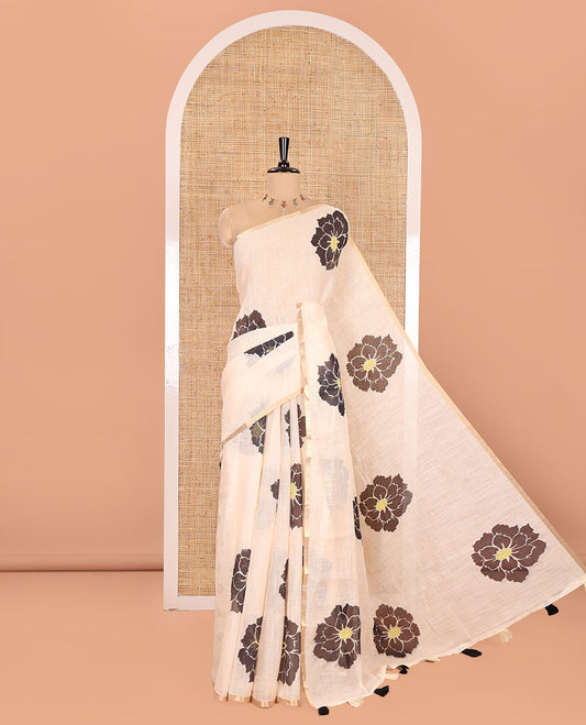 Peach Linen Cotton Saree, Beautified with Flower Motifs Printed on Its Body, Subtle Piping Border, Self-Printed Pallu, and Paired with a Matching Blouse