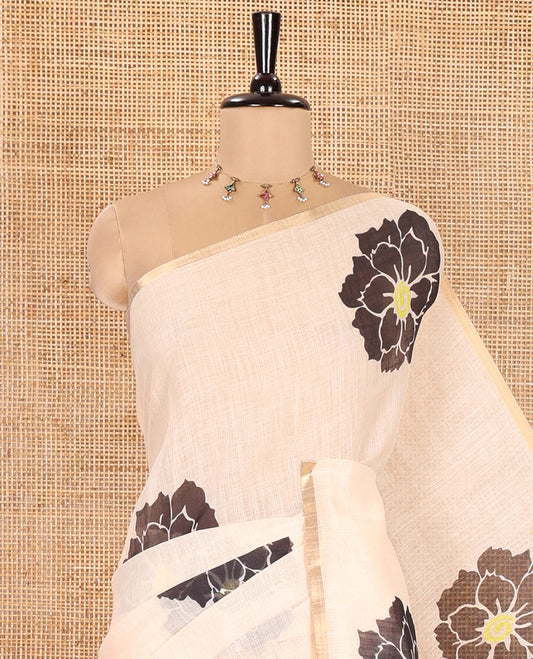 Peach Linen Cotton Saree, Beautified with Flower Motifs Printed on Its Body, Subtle Piping Border, Self-Printed Pallu, and Paired with a Matching Blouse
