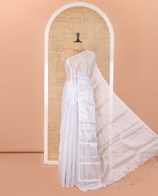 Borderless Silver Plain Khadi Tissue Saree, a Self-Pallu, and Paired with a Matching Blouse