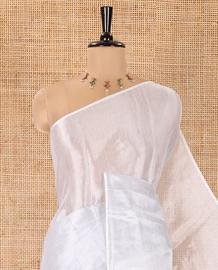 Borderless Silver Plain Khadi Tissue Saree, a Self-Pallu, and Paired with a Matching Blouse