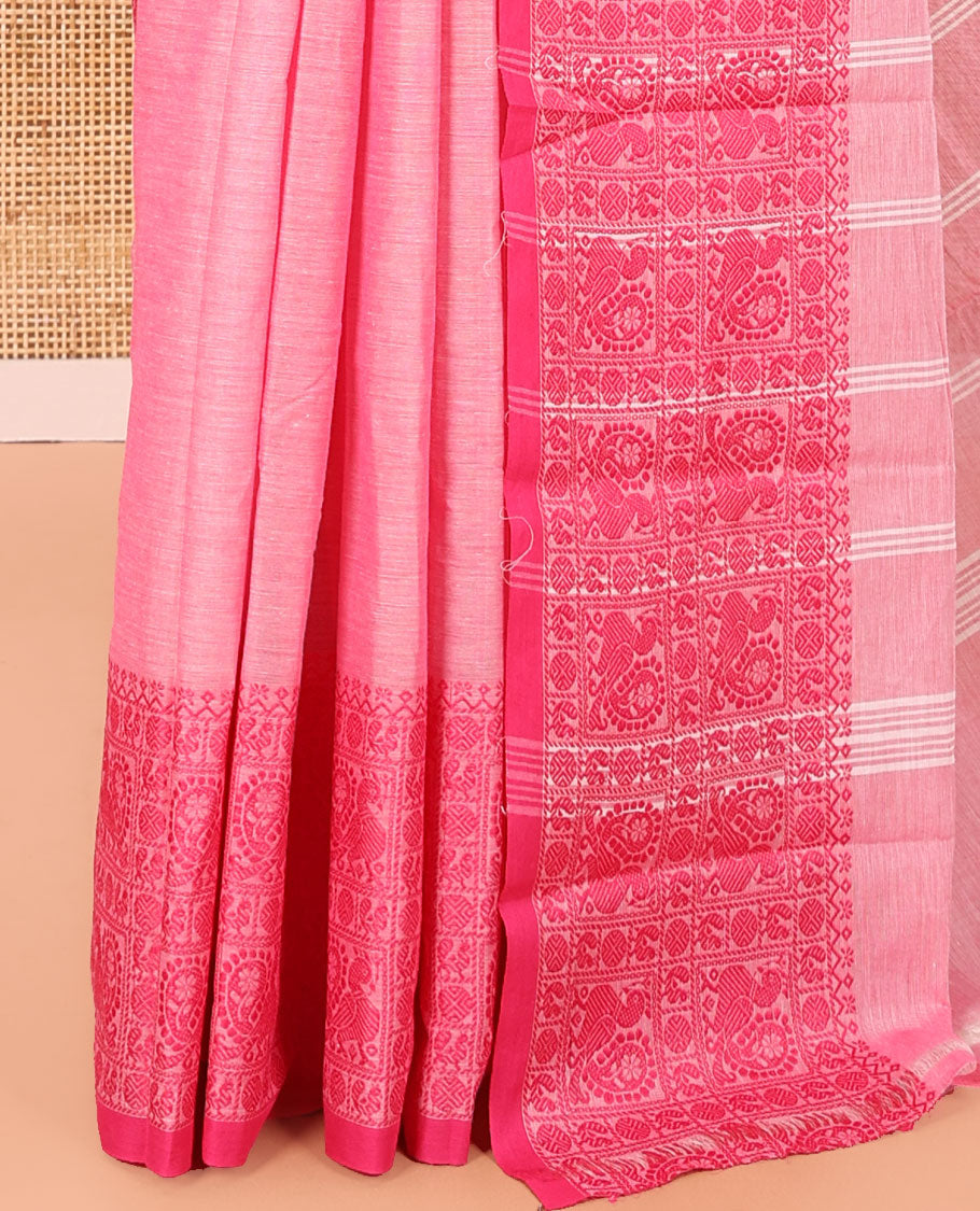 Pink Plain Chettinad Cotton Saree, Highlighted by Traditional Design Thread-Woven Border of Peacock Designs, Subtly Striped Pallu, and Comes Without a Blouse