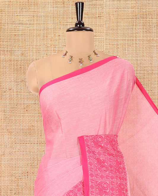 Pink Plain Chettinad Cotton Saree, Highlighted by Traditional Design Thread-Woven Border of Peacock Designs, Subtly Striped Pallu, and Comes Without a Blouse