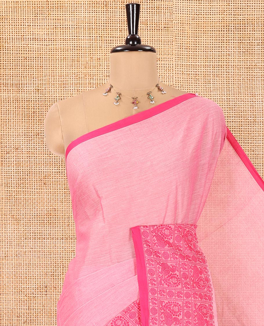 Pink Plain Chettinad Cotton Saree, Highlighted by Traditional Design Thread-Woven Border of Peacock Designs, Subtly Striped Pallu, and Comes Without a Blouse