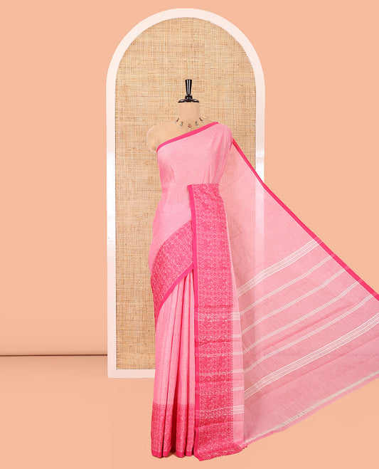 Pink Plain Chettinad Cotton Saree, Highlighted by Traditional Design Thread-Woven Border of Peacock Designs, Subtly Striped Pallu, and Comes Without a Blouse