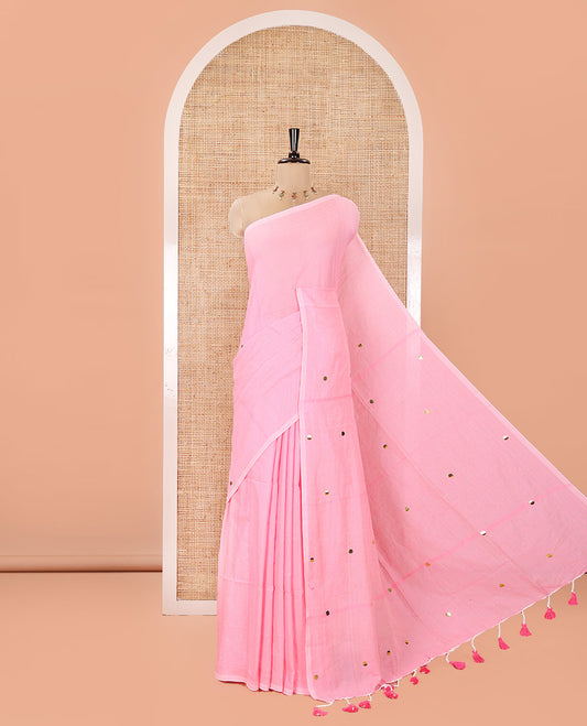 Borderless Baby Pink Mul Cotton Saree, Subtly Sparkled With Big Sequins Work On Its Body, a Self-Pallu and Paired with a Matching Blouse