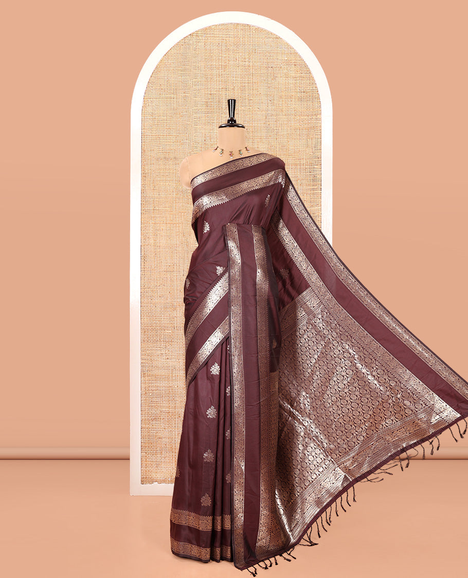 Brown Kanchi Soft Silk Saree, Enriched with Zari Buttas All Over Its Body, Highlighted by Traditional Zari Rettai Pettu Border, Intricately Designed Pallu, and Paired with a Matching Blouse