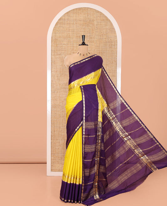 Yellow Plain Art Mysore Silk Saree, Complemented by Captivating Contrast Rettai Pettu Traditional Border of Elephant Zari Buttas, Striped Pallu, and Paired with a Contrast Blouse