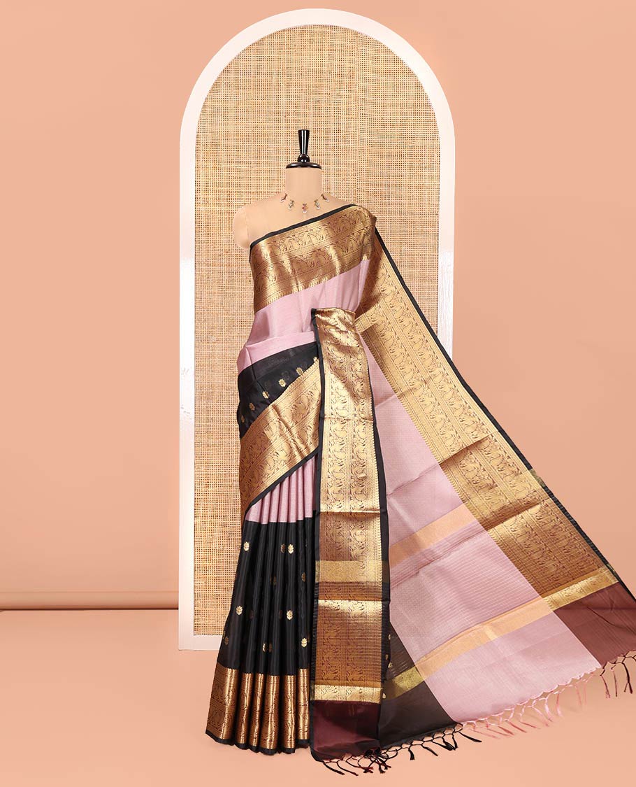 Pink and Black Banarasi Tissue Saree, Accentuated with Half-And-Half-Style Buttas Woven on Its Body, Complemented by Contrast Traditional Zari Design Big Border, Striped Pallu, and Paired with a Contrast Blouse
