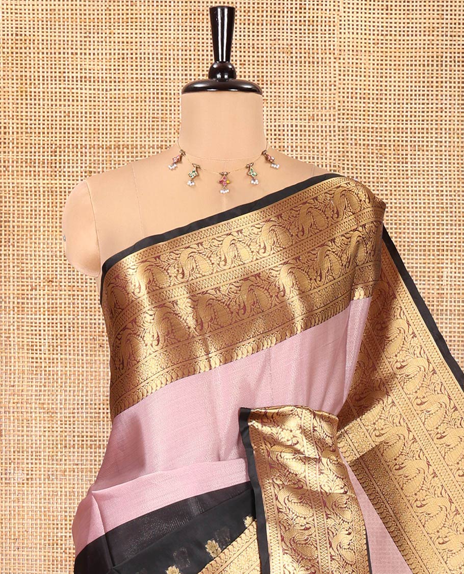 Pink and Black Banarasi Tissue Saree, Accentuated with Half-And-Half-Style Buttas Woven on Its Body, Complemented by Contrast Traditional Zari Design Big Border, Striped Pallu, and Paired with a Contrast Blouse
