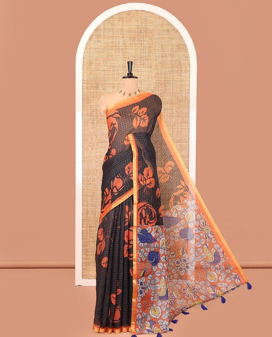 Black and Orange Linen Cotton Saree, Adorned with Floral Motifs and Checked Design on Its Body, Complemented by a Contrast Border, Pallu of Kalamkari Floral and Peacock Design, and Paired with a Contrast Blouse