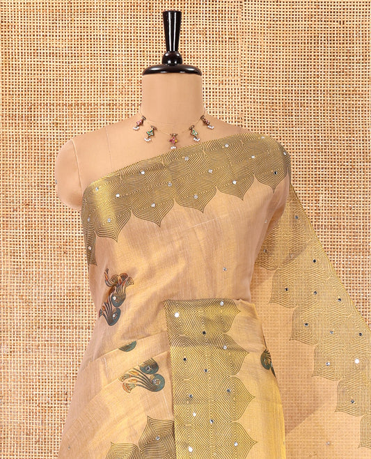 Chikku Tissue Saree, Enriched with Floral Buttas and Mirrorwork, a Self-Border, Pallu of Ogee Print, and a Matching Blouse