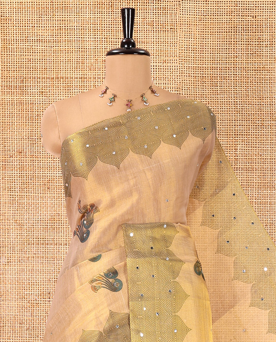 Chikku Tissue Saree, Enriched with Floral Buttas and Mirrorwork, a Self-Border, Pallu of Ogee Print, and a Matching Blouse