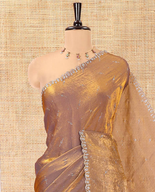 Brown Fendy Chiffon Saree, Highlighted by Swarovski Stone Work All Over the Body, Gleaming Swarovski Stone Work Border, a Self-Pallu, and Paired with a Fancy Designer Blouse