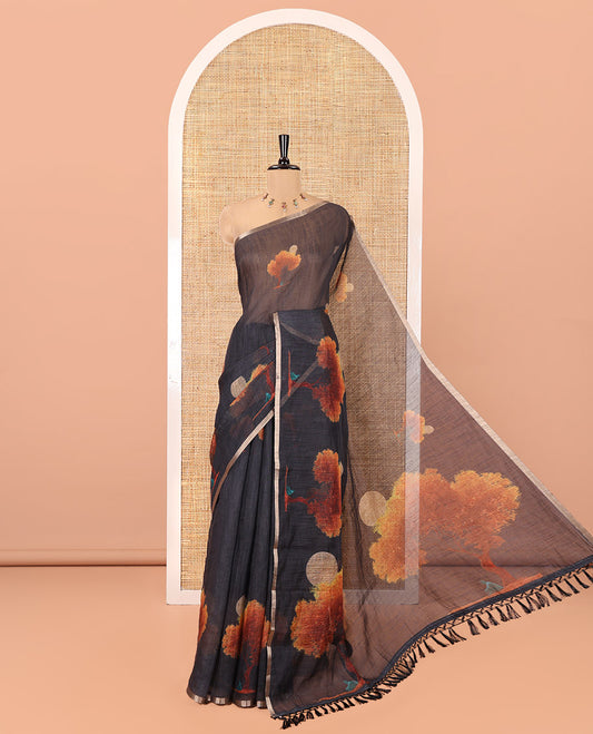 Black Linen Cotton Saree, Embellished with Tree Motifs Print on Its Body, Self-Pallu of Tree Motifs Print, and Matching Blouse