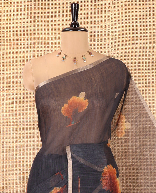 Black Linen Cotton Saree, Embellished with Tree Motifs Print on Its Body, Self-Pallu of Tree Motifs Print, and Matching Blouse