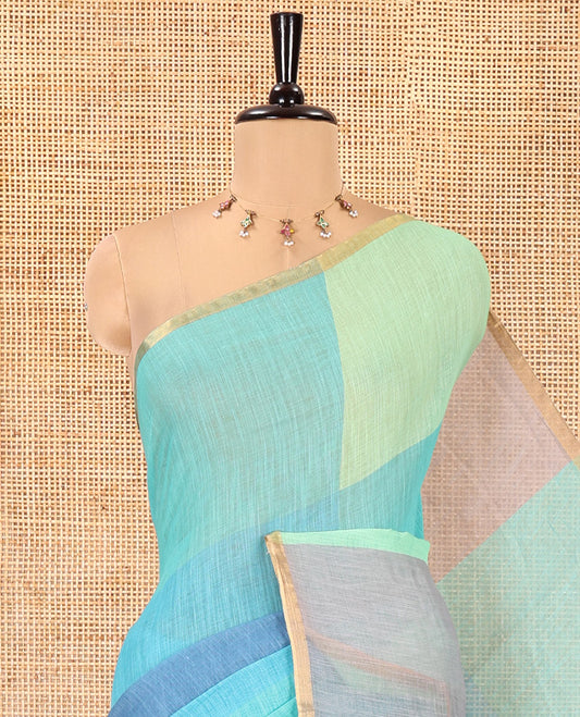 Borderless Rama Linen Cotton Saree, Macro-Checked Design on Its Body, a Self-Pallu, and Contrast-Printed Blouse