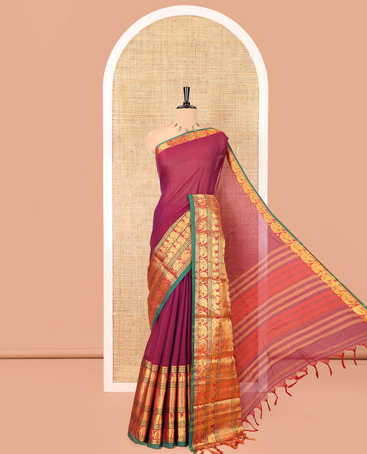 Purple Plain Mercerised Cotton Saree, Complemented by a Contrast Traditional Border of Peacock, Elephant, and Peacock Eye Designs, Striped Pallu, and Paired with a Matching Blouse