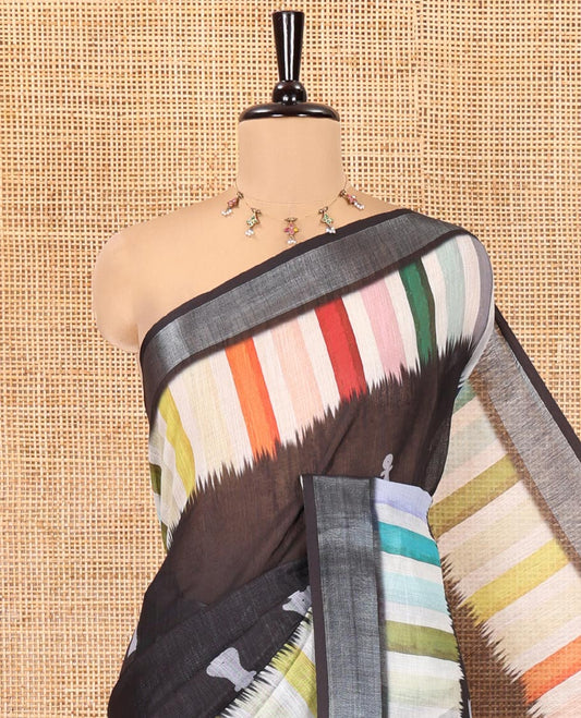 Black Linen Cotton Saree, Creatively Printed with Chess Coins All Over Its Body, Complemented by a Contrast Multi-Color Striped Zari Border, Rainbow-Colored Striped Pallu, and Paired with a Contrast Blouse