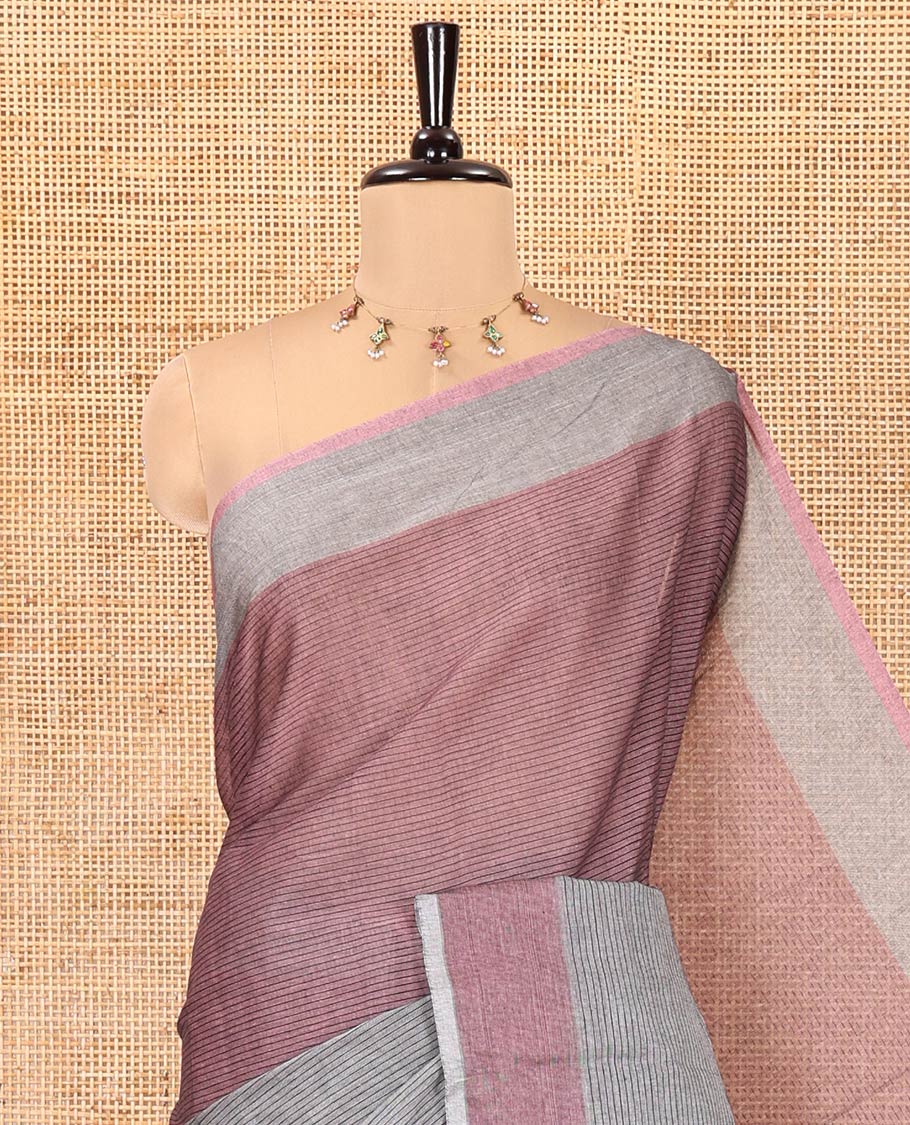 Grey and Onion Pink Chettinad Cotton Saree, Bedecked with Half-And-Half-Style Horizontal Stripes on Its Body, a Subtle Contrast Border, and Has No Blouse