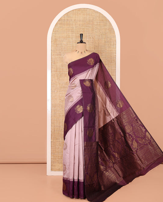 Dusky Purple Art Silk Saree, Artfully Detailed with Floral Zari Buttas All Over Its Body, Complemented by Contrast Floral Design Border, Intricately Designed Pallu, and Paired with a Contrast Blouse