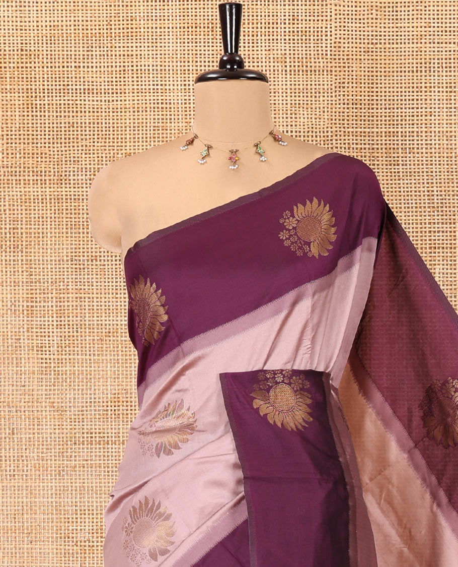 Dusky Purple Kanchi Silk Saree, Artfully Detailed with Floral Zari Buttas All Over Its Body, Complemented by Contrast Floral Design Border, Intricately Designed Pallu, and Paired with a Contrast Blouse