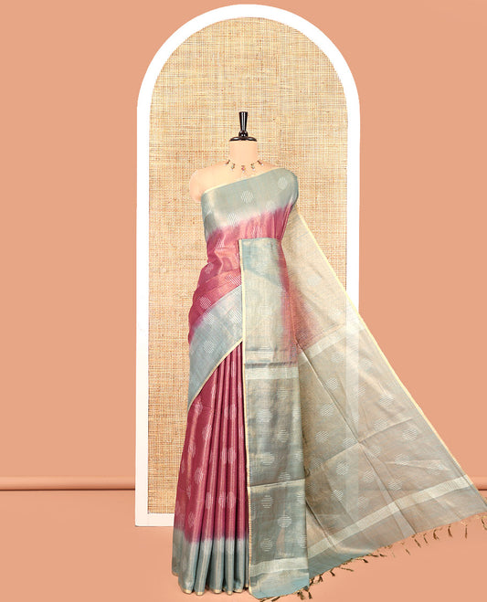 Purple Bhagalpur Cotton Saree, Adorned with Buttas, Complemented by a Contrast Border, Pallu, and a Contrast Blouse