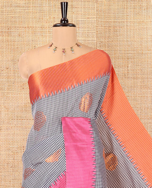 Black-Orange Kanchi Silk Saree Features Checks and Buttas, Contrast Ganga-Jamuna Temple Border, and Contrast Blouse