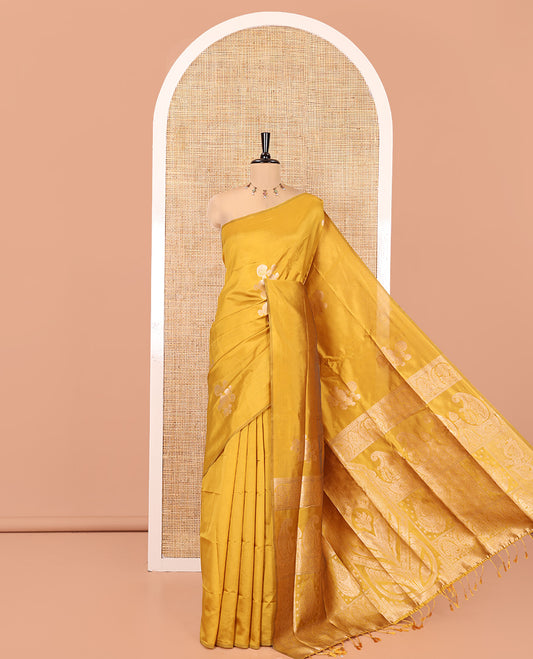 Borderless Mustard Kanchi Silk Saree, Subtly Sparkled with Zari Buttas, Mughal-Style Intricately Woven Pallu, and a Matching Blouse