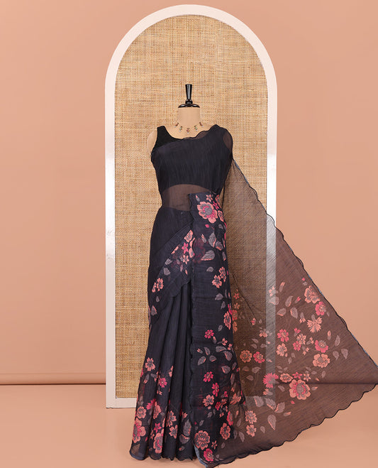 Black Plain Linen Cotton Saree, a Floral Printed Scallop Border, Printed Pallu, and a Matching Blouse