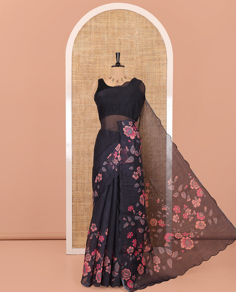 Black Plain Linen Cotton Saree, a Floral Printed Scallop Border, Printed Pallu, and a Matching Blouse