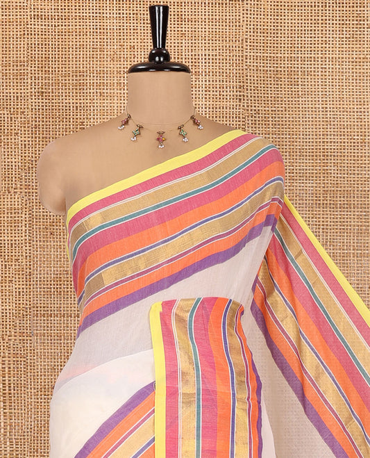 Violet-Cream Plain Khadi Mul Cotton Saree, a Contrast Multi-color Striped Border, a Self-Pallu, and No Blouse