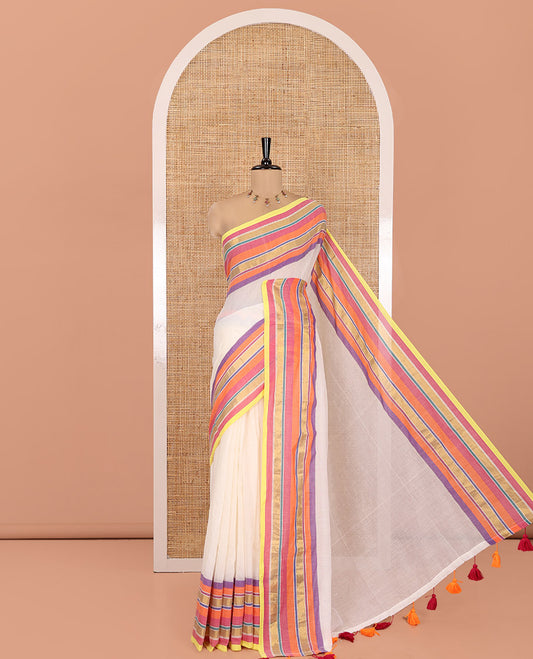 Violet-Cream Plain Khadi Mul Cotton Saree, a Contrast Multi-color Striped Border, a Self-Pallu, and No Blouse